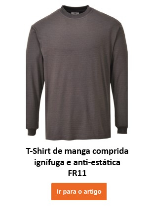 Uma camisa de manga comprida cinza, retardadora de chamas e antiestática. A camiseta de manga comprida antiestática e retardante de chamas FR11 tem gola redonda e mangas compridas, sem bolsos ou decorações visíveis. É simples e oferece proteção contra calor e eletricidade estática. O nome da peça de roupa fica embaixo e um botão/clique laranja na imagem leva ao artigo.