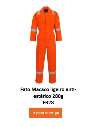 Um macacão protetor laranja retardador de chamas e antiestático com listras reflexivas prateadas nos braços, pernas e ombros. O macacão ignífugo e antiestático Bizflame 280g FR28 tem dois bolsos no peito e fecha com zíper. O nome da peça de roupa fica embaixo e um botão/clique laranja na imagem leva ao artigo.