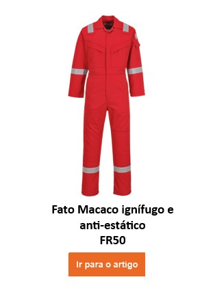 Um macacão protetor vermelho retardador de chamas e antiestático com listras reflexivas prateadas nos braços, pernas e ombros. O macacão ignífugo e antiestático Bizflame 350g FR50 tem dois bolsos no peito e fecha com zíper. O nome da peça de roupa fica embaixo e um botão/clique laranja na imagem leva ao artigo.