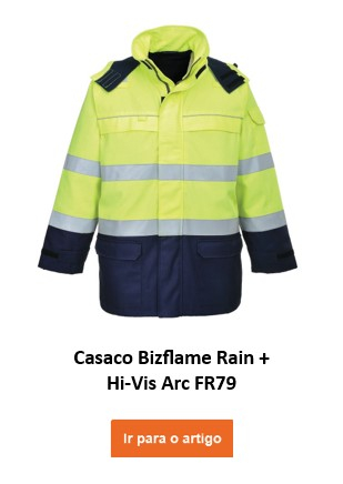 Casaco de alta visibilidade multinorma Bizflame FR79 em amarelo com faixas refletoras, especialmente concebido para proteção contra arcos elétricos. É fornecido um link para a página do artigo.