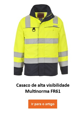 Casaco multi-norma de alta visibilidade anti-chama e antiestática Bizflame FR61 em amarelo com riscas refletoras, oferece proteção e visibilidade abrangentes. É fornecido um link para a página do artigo.