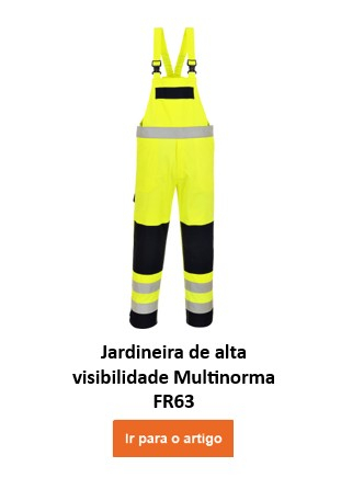 Macacão multinorma de alta visibilidade FR63 em amarelo com faixas refletoras, oferece proteção e visibilidade no trabalho. É fornecido um link para a página do artigo.