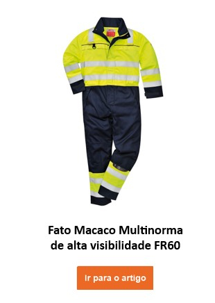 Macacão multinorma de alta visibilidade FR60 em amarelo e azul escuro com faixas refletoras. É fornecido um link para a página do artigo.