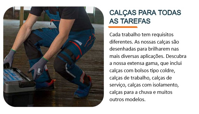 Torso e pernas de um trabalhador vestido com roupa de trabalho azul a tirar algo de uma caixa de ferramentas. Existe um link que leva às nossas calças de trabalho.