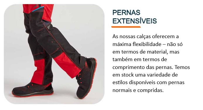 Pernas em roupa de trabalho vermelha com sapatos de trabalho com sola vermelha sobre fundo branco. Existe um link que leva às nossas calças de trabalho.