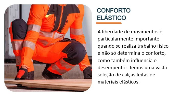 Torso e pernas de um trabalhador vestido com um fato de trabalho cor de laranja que levanta uma prancha do chão. Existe um link que leva às nossas roupas de trabalho com conteúdo elástico.