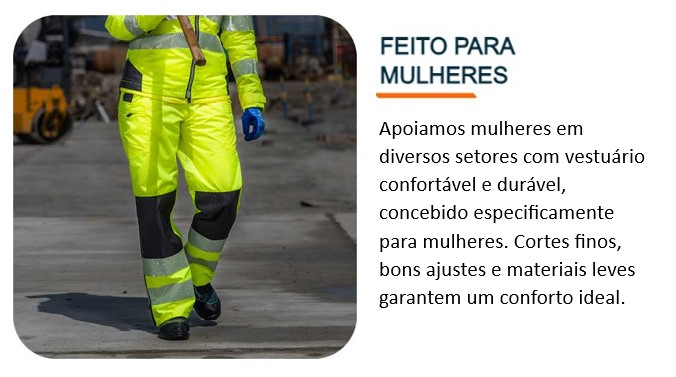 Tronco e pernas de uma trabalhadora com roupa de trabalho amarela. Existe um link que leva às nossas roupas de trabalho para mulheres.