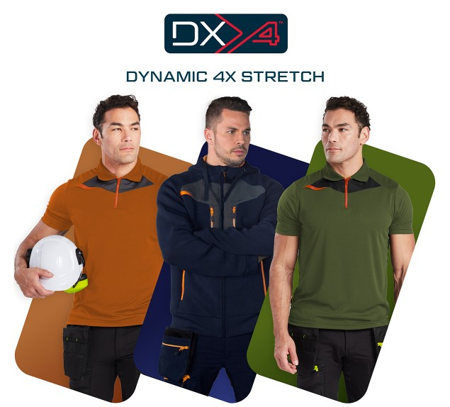 Três homens com fatos de trabalho da coleção DX4 da Portwest em frente a três amostras de cores: vermelho ferrugem, azul escuro e verde musgo, refletindo as respetivas cores do fato de trabalho. Acima da imagem está o logótipo vermelho-azul-branco da coleção DX4 e as palavras "DYNAMIC DX4 STRETCH". Existe um link que leva à coleção DX4.