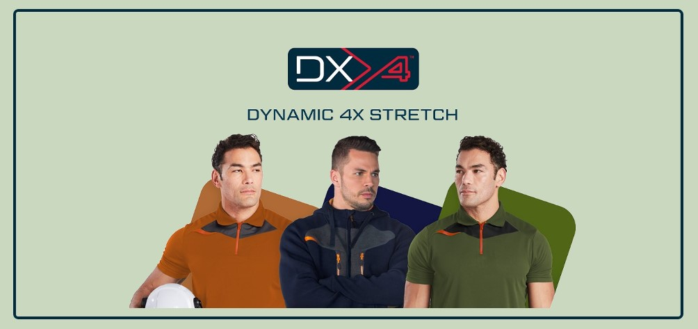 Três homens com fatos de trabalho da coleção DX4 da Portwest em frente a três amostras de cores: vermelho ferrugem, azul escuro e verde musgo, refletindo as respetivas cores do fato de trabalho. Acima da imagem está o logótipo vermelho-azul-branco da coleção DX4 e as palavras "DYNAMIC DX4 STRETCH".