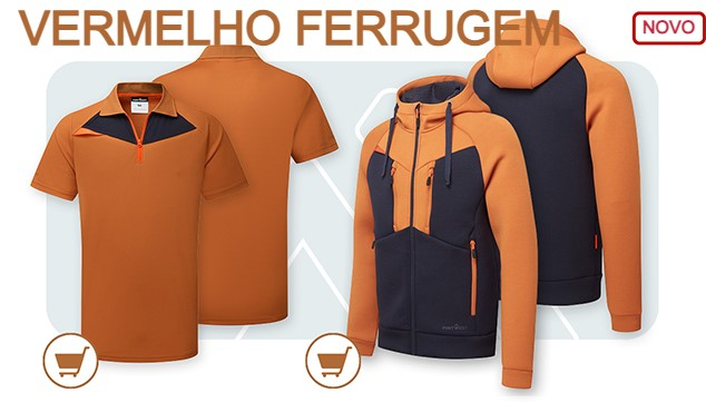 Polo DX4 DX410 em vermelho ferrugem com link que leva ao artigo. À direita está o DX4 Hoodie DX472 com fecho em vermelho ferrugem com ligação para a página do artigo.