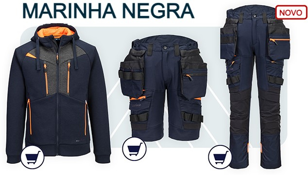 Sweatshirt com capuz DX4 com fecho DX472 em azul marinho escuro com link que leva ao artigo. À direita está uma foto dos calções DX4 com bolsos coldre removíveis DX444 em azul marinho escuro com link para o artigo e das calças DX4 DX440 com bolsos coldre removíveis em azul marinho escuro com link para a página do artigo.