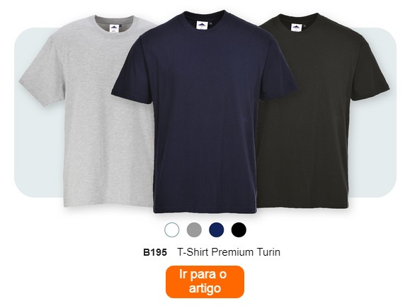 Três t-shirts de cores diferentes (cinza, azul escuro e preto) dispostas uma ao lado da outra. Pequenos pontos de cores cinzento, branco, azul escuro e preto podem ser vistos por baixo das t-shirts. Abaixo encontra-se o texto “B195 Premium T-Shirt Turin”. Um botão laranja com uma ligação para a página do artigo é colocado na parte inferior da imagem.