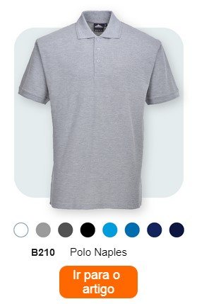 Uma camisa pólo de homem cinzenta, com a etiqueta "Camisola pólo de homem Nápoles B210". Pequenos pontos coloridos em cinzento, azul claro, preto, azul escuro, azul e azul escuro podem ser vistos por baixo da camisa pólo. Abaixo encontra-se o texto "Camisola pólo Nápoles para homem B210". Um botão laranja com uma ligação para a página do artigo é colocado na parte inferior da imagem.