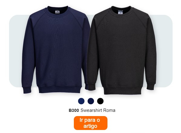 Duas camisolas lado a lado, uma em azul escuro e outra em preto, com a etiqueta "Sweatshirt B300 Roma". Abaixo existem pequenos pontos coloridos em azul escuro, azul e preto. Um botão laranja com uma ligação para a página do artigo é colocado na parte inferior da imagem.