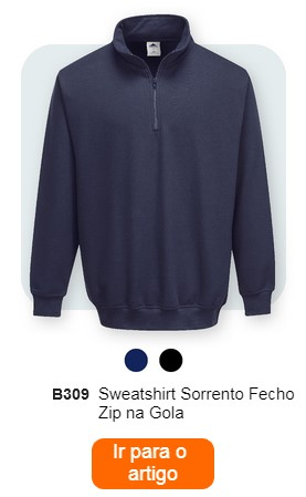 Um moletom azul escuro com fecho na gola, rotulado "Sweatshirt com fecho B309 Sorrento". Abaixo existem pequenos pontos coloridos em azul escuro e preto. Um botão laranja com uma ligação para a página do artigo é colocado na parte inferior da imagem.