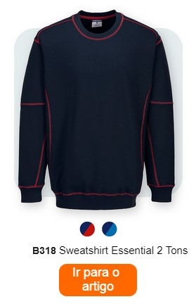 Um hoodie bicolor, conhecido como "sweatshirt bicolor B318". O hoodie é azul escuro com costura vermelha. Abaixo existem pequenos pontos coloridos em vermelho e azul. Um botão laranja com uma ligação para a página do artigo é colocado na parte inferior da imagem.