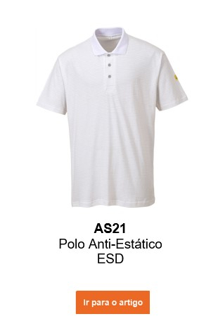 Imagem da camisola polo antiestática ESD AS21 em branco com link que leva ao artigo.