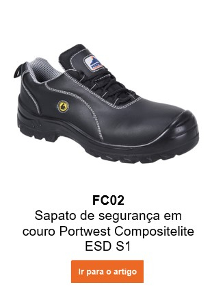 Imagem do Sapato de segurança em pele Portwest Compositelite ESD S1 FC02 em preto com link que leva ao artigo.