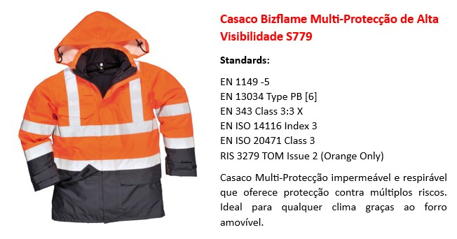 Imagem da capa de chuva multinorma de alta visibilidade Bizflame S779 em laranja com um link que leva à página do artigo.