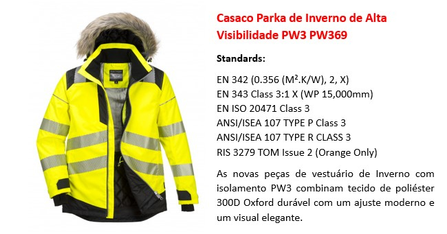 Imagem da parka de inverno de alta visibilidade PW3 PW369 em amarelo com link para a página do artigo.