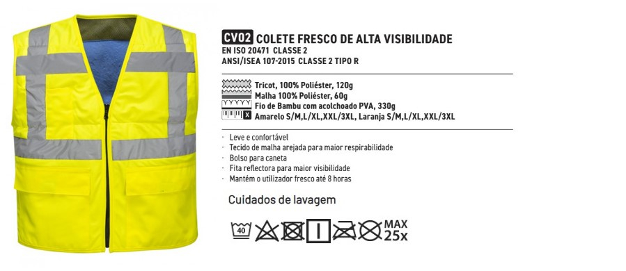 Imagem do colete refrigerante de alta visibilidade CV02 em amarelo junto com descrição das características do item e recomendações de lavagem. Os detalhes podem ser encontrados na página do artigo, que pode ser acessada através do link fornecido.