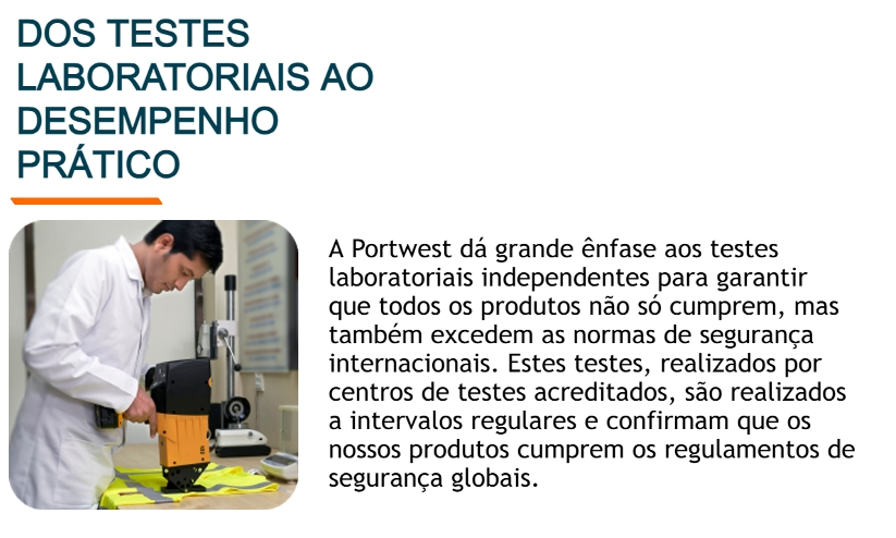 Imagem de um trabalhador a testar um colete de segurança amarelo no laboratório. Por cima da imagem está o título “Dos testes laboratoriais ao desempenho prático” e à direita está uma caixa de texto que explica o protocolo de testes da Portwest.