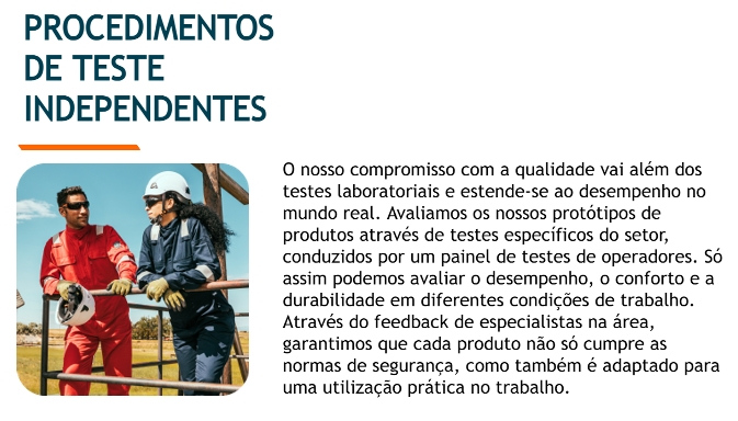 Imagem de dois trabalhadores com roupas de proteção vermelhas e azuis a conversar apoiados numa grade. Acima está o título “Procedimentos de Teste Independentes”, com uma caixa de texto à direita a explicar porque é que os testes externos são importantes.