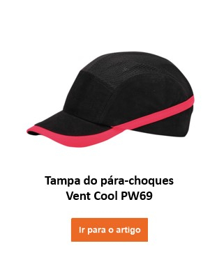 Um boné preto ventilado com uma faixa vermelha, designado "Vented Bump Cap PW69". Um botão laranja denominado “Ir para o artigo” é colocado na parte inferior da imagem e leva à página do artigo.