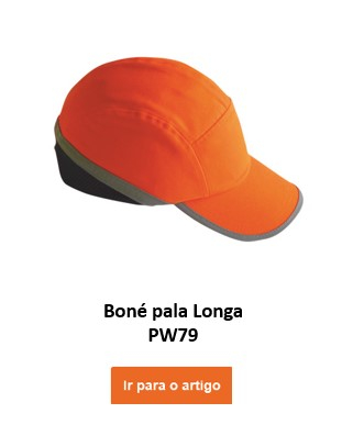 Uma tampa de proteção laranja de alta visibilidade com detalhes em cinzento, com a designação "Capa de proteção de alta visibilidade PW79". Um botão laranja denominado “Ir para o artigo” é colocado na parte inferior da imagem e leva à página do artigo.