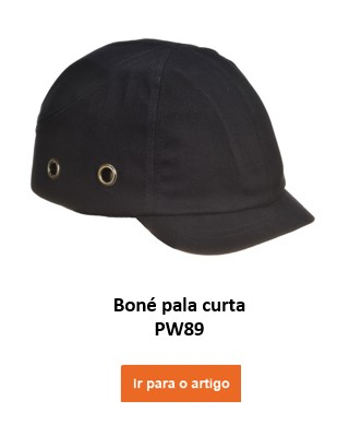 Um boné preto com bico curto e orifícios de ventilação nas laterais, rotulado como "boné PW com bico curto PW89". Um botão laranja denominado “Ir para o artigo” é colocado na parte inferior da imagem e leva à página do artigo.