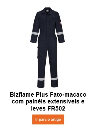 Fato de proteção Bizflame Plus FR502 em azul escuro com link que leva à página do artigo.