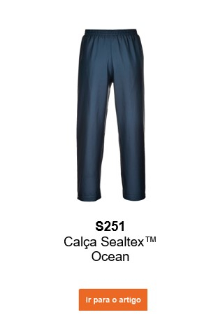 Fotografia da calça impermeável Sealtex Ocean S251 em azul com link que leva à página do artigo.