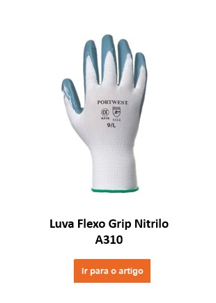 A310: Uma luva de trabalho branca com palma e pontas dos dedos revestidas de cinza. A luva traz impresso o logotipo da Portwest, bem como o tamanho e as informações de certificação. Existe um link que leva à luva.