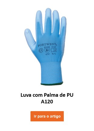 A120: Luva de trabalho azul com dorso tricotado e palma revestida. A luva traz impresso o logotipo da Portwest, bem como o tamanho e as informações de certificação. Existe um link que leva à luva.