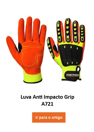 A721: Luva anti-impacto laranja com almofadas protetoras amarelas e pretas nas costas da mão e nos dedos. A luva oferece proteção adicional contra impactos e impactos. Existe um link que leva à luva.