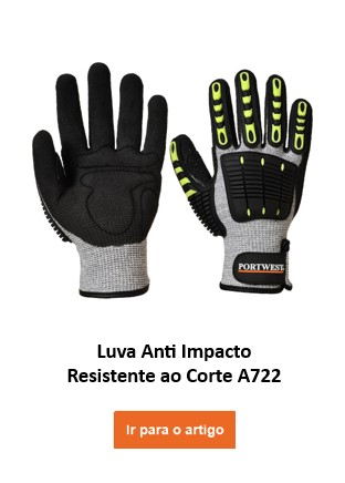 A722: Luva anti-impacto cinza com almofadas protetoras pretas e amarelas nas costas da mão e nos dedos. A luva oferece proteção adicional contra impactos e impactos. Existe um link que leva à luva.