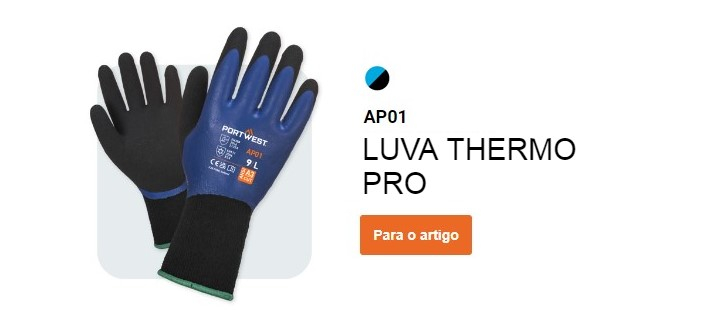 Luva AP01 Thermo Pro em preto e azul com botão que leva à página do artigo.