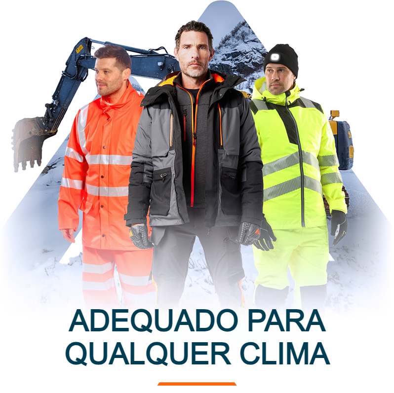 Três homens com roupas de trabalho diferentes em frente a uma seção triangular de uma encosta de montanha nevada. Na parte inferior há o título “Adequado aos Elementos” em letras maiúsculas azuis.