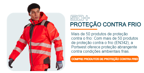 Imagem de um trabalhador vestido de laranja brilhante contra um fundo cinza. Ao lado está o título "50 plus proteção contra o frio" e um campo de texto com o seguinte texto: 50+ produtos de proteção contra o frio: Com mais de 50 produtos de proteção contra o frio (EN342), a Portwest oferece proteção abrangente contra condições ambientais frias. Um botão laranja leva à nossa seleção de produtos de proteção contra o frio.