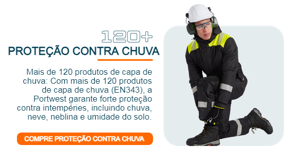 Imagem de um trabalhador vestido de azul escuro e amarelo com capacete de segurança. Ao lado está o título "120 plus proteção contra chuva" e uma caixa de texto com o seguinte texto: 120+ produtos de proteção contra chuva: Com mais de 120 produtos de proteção contra chuva (EN343), a Portwest garante uma forte proteção contra os elementos, incluindo chuva, neve, neblina e umidade do solo. Um botão laranja leva aos nossos produtos de proteção contra chuva.