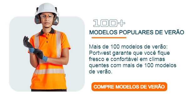 Imagem de uma mulher vestida com roupa de trabalho laranja, capacete de segurança e luvas. Ao lado está o título "Mais de 100 modelos de verão populares" e uma caixa de texto com o seguinte texto: Mais de 100 modelos de verão: Portwest garante que você possa ficar fresco e confortável em climas quentes com mais de 100 modelos de verão. Um botão laranja leva aos nossos modelos de verão.