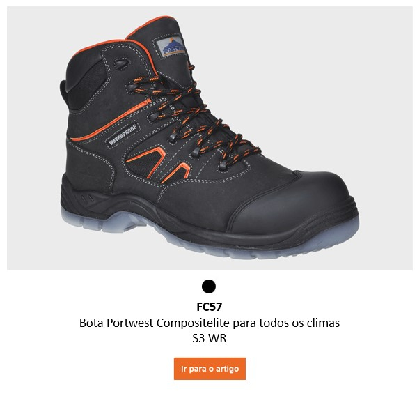 Imagem da Bota All Weather FC57 Portwest Compositelite S3 WR em preto com detalhes em laranja. É fornecido um link para a página do artigo.