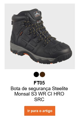 Imagem da Bota de segurança FT05 Steelite Monsal S3 WR CI HRO SRC em preto com detalhes em cinzento. É fornecido um link para a página do artigo.