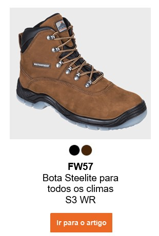 Imagem da bota para todos os climas FW57 Steelite S3 WR em castanho. É fornecido um link para a página do artigo.