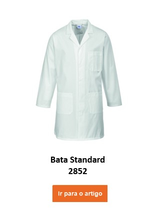 Um jaleco branco rotulado "Standard Professional Coat 2852". A bata tem vários bolsos e mangas compridas. Existe um link que leva ao artigo.