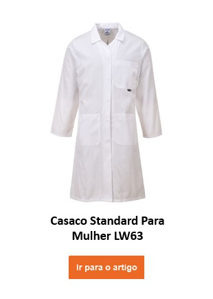 Um jaleco branco para mulheres, conhecido como "Jaleco Feminino Padrão LW63". A bata tem vários bolsos e mangas compridas. Existe um link que leva ao artigo.