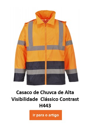 Capa de chuva clássica contrastante de alta visibilidade H443 em laranja com riscas refletoras. O link fornecido leva à página do artigo.