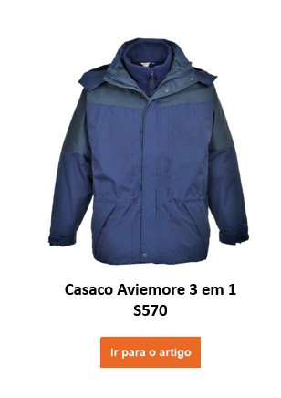 Casaco impermeável 3 em 1 para homem Aviemore S570, em azul escuro com capuz amovível e forro amovível. É fornecido um link para o artigo.