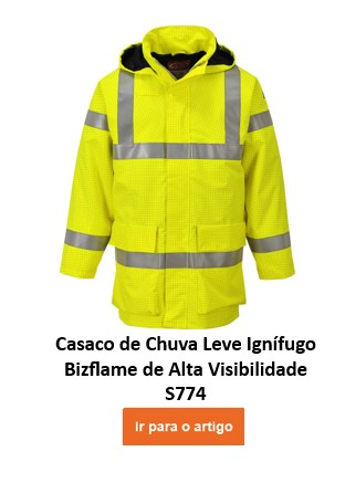 Casaco leve de aviso de chuva Bizflame Multinorm S774 em amarelo brilhante com listas refletoras. É fornecido um link para a página do artigo.