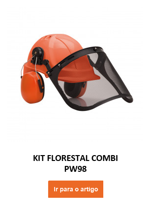 Imagem do conjunto florestal PW98 na cor laranja com proteção auditiva e viseira preta. Abaixo está o nome do artigo e um botão laranja que leva ao artigo.